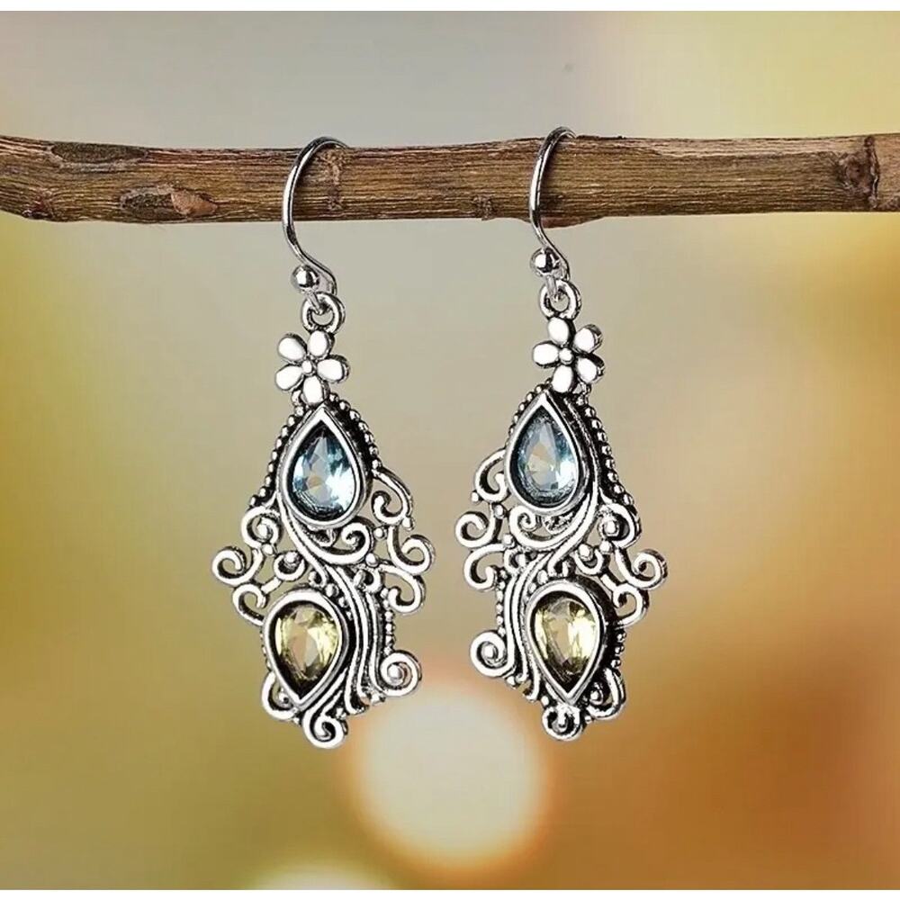 Creative Flower Water Drop Pear Shaped Earrings Retro Crystal Stone Earrings